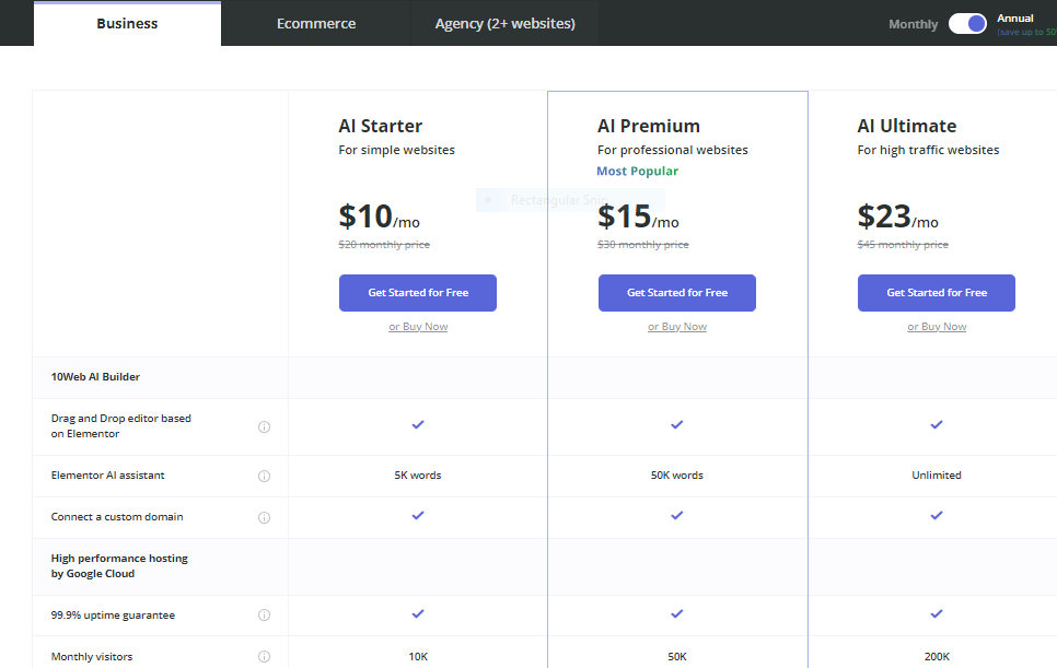 10web AI website builder review 2023 -pricing